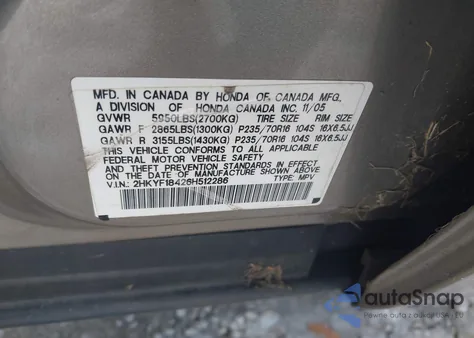 2006 Honda Pilot Ex from USA, damaged, VIN 2HKYF18426H512286